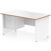 Oslo 1400 Scalloped and Wood Edge Rectangular Desk, Panel End Legs, White, With 2 Drawer Fixed Pedestal