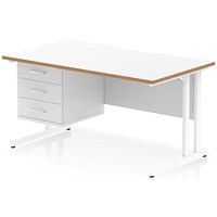 Oslo 1400 Scalloped and Wood Edge Rectangular Desk, Cantilever Legs, White, With 3 Drawer Fixed Pedestal