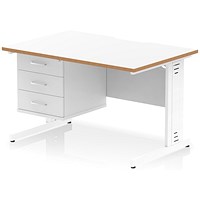 Oslo 1200 Scalloped and Wood Edge Rectangular Desk, Cable Managed Legs, White, With 3 Drawer Fixed Pedestal