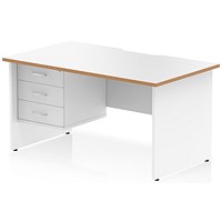 Oslo 1400 Scalloped and Wood Edge Rectangular Desk, Panel End Legs, White, With 3 Drawer Fixed Pedestal