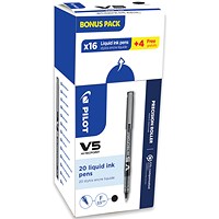 Pilot V5 Rollerball Pen, Liquid Ink, 0.5mm tip, 0.3mm line, Black, Pack of 20