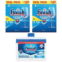 Finish Power Essential Dishwasher Tablets, Lemon, 2 pack bundle with Free Finish Dishwasher Deep Cleaner