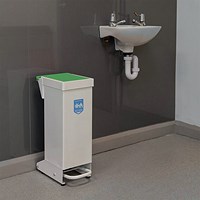 Fire Retardant Steel Sackholder Pedal Bin, 28 Litre, White Body with Green Lid