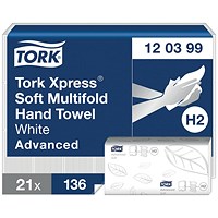 Tork H2 Xpress 2-Ply Large M-Fold Multifold Hand Towels, White, Pack of 2856