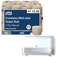 Tork Coreless Mid Toilet Roll, 2-Ply, Advanced Natural, 36 Rolls of 900 Sheets - Get Tork T7 Coreless Mid-Size Toilet Paper Dispenser White Free