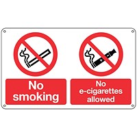 Signs and Labels No Smoking and No E-Cigarettes Sign, 100x250mm, Rigid Plastic