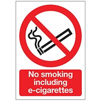 Signs and Labels No Smoking Including E-Cigarettes Sign, 210x148mm, Self Adhesive