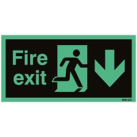 Safety Sign Niteglo Fire Exit Running Man Arrow Down, 150x450mm, Self Adhesive