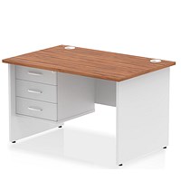 Impulse 1200mm Two-Tone Rectangular Desk, White Panel End Leg, Walnut, With 3 Drawer Fixed Pedestal