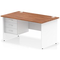 Impulse 1400mm Two-Tone Rectangular Desk, White Panel End Leg, Walnut, With 3 Drawer Fixed Pedestal