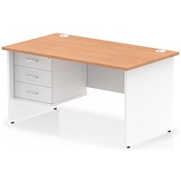 Impulse 1400mm Two-Tone Rectangular Desk, White Panel End Leg, Oak, With 3 Drawer Fixed Pedestal