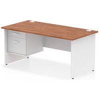 Impulse 1600mm Two-Tone Rectangular Desk, White Panel End Leg, Walnut, With 2 Drawer Fixed Pedestal