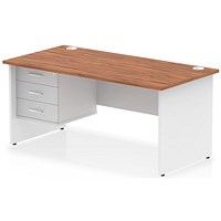 Impulse 1600mm Two-Tone Rectangular Desk, White Panel End Leg, Walnut, With 3 Drawer Fixed Pedestal