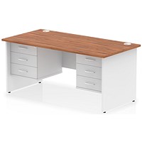 Impulse 1600mm Two-Tone Rectangular Desk, White Panel End Leg, Walnut, With 2 x 3 Drawer Fixed Pedestal