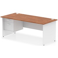 Impulse 1800mm Two-Tone Rectangular Desk, White Panel End Leg, Walnut, With 2 Drawer Fixed Pedestal