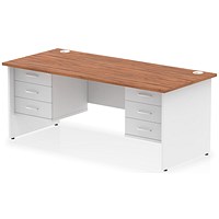 Impulse 1800mm Two-Tone Rectangular Desk, White Panel End Leg, Walnut, With 2 x 3 Drawer Fixed Pedestal