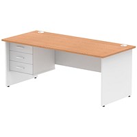 Impulse 1800mm Two-Tone Rectangular Desk, White Panel End Leg, Oak, With 3 Drawer Fixed Pedestal