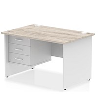 Impulse 1200mm Two-Tone Rectangular Desk, White Panel End Leg, Grey Oak, With 3 Drawer Fixed Pedestal