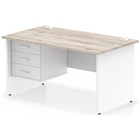 Impulse 1400mm Two-Tone Rectangular Desk, White Panel End Leg, Grey Oak, With 3 Drawer Fixed Pedestal