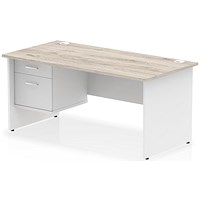 Impulse 1600mm Two-Tone Rectangular Desk, White Panel End Leg, Grey Oak, With 2 Drawer Fixed Pedestal