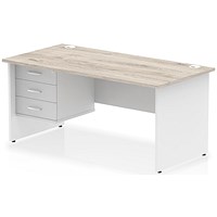 Impulse 1600mm Two-Tone Rectangular Desk, White Panel End Leg, Grey Oak, With 3 Drawer Fixed Pedestal