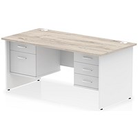 Impulse 1600mm Two-Tone Rectangular Desk, White Panel End Leg, Grey Oak, With 2 Drawer and 3 Drawer Fixed Pedestal