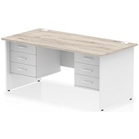 Impulse 1600mm Two-Tone Rectangular Desk, White Panel End Leg, Grey Oak, With 2 x 3 Drawer Fixed Pedestal