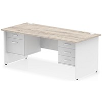 Impulse 1800mm Two-Tone Rectangular Desk, White Panel End Leg, Grey Oak, With 2 Drawer and 3 Drawer Fixed Pedestal