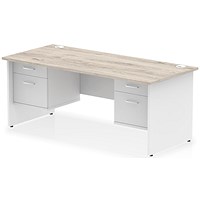 Impulse 1800mm Two-Tone Rectangular Desk, White Panel End Leg, Grey Oak, With 2 x 2 Drawer Fixed Pedestal