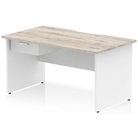 Impulse 1400mm Two-Tone Scalloped Edge Rectangular Desk, White Panel End Legs, Grey Oak, With 1 x 1 Drawer Fixed Pedestal