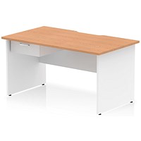 Impulse 1400mm Two-Tone Scalloped Edge Rectangular Desk, White Panel End Legs, Oak, With 1 x 1 Drawer Fixed Pedestal