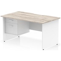 Impulse 1400mm Two-Tone Scalloped Edge Rectangular Desk, White Panel End Legs, Grey Oak, With 1 x 2 Drawer Fixed Pedestal