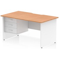 Impulse 1400mm Two-Tone Scalloped Edge Rectangular Desk, White Panel End Legs, Oak, With 1 x 3 Drawer Fixed Pedestal