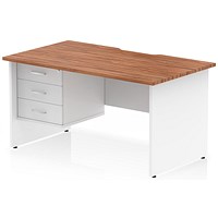 Impulse 1400mm Two-Tone Scalloped Edge Rectangular Desk, White Panel End Legs, Walnut, With 1 x 3 Drawer Fixed Pedestal