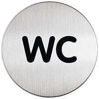 Durable Adhesive WC Symbol Bathroom Toilet Sign, Brushed Stainless Steel, 83mm Diameter, Black on Silver