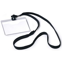 Durable Lanyard Name Badge ID Card Holder + Inserts, 60x90mm, Black, Pack of 10