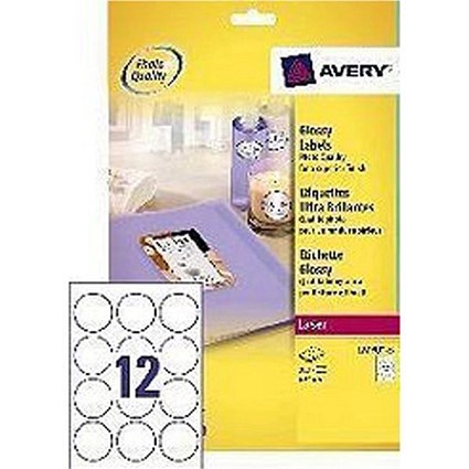 Avery Round Glossy Laser Printer Labels / 12 per Sheet / 60mm Diameter / L7790-25 / 300 Labels