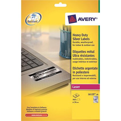 Avery Heavy Duty Labels / 48 per Sheet / 30mm Diameter / Silver / L6129-20 / 960 Labels