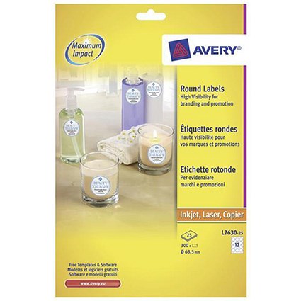 Avery Special Shaped Round Labels / 12 per Sheet / 63.5mm Diameter / White / L7630-25 / 300 Labels