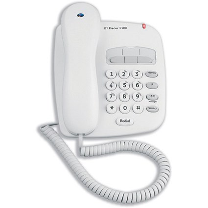 BT Decor 1100 Telephone 3 One-touch 10 Speed-dial Memories White Ref DEC1100