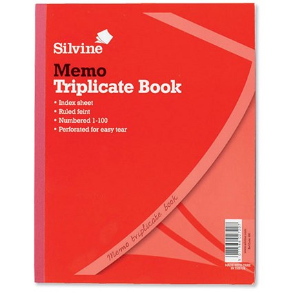 Silvine Triplicate Memo Book with Index and Carbon Ruled 1-100 Sets 254x203mm Ref 606 [Pack 6]