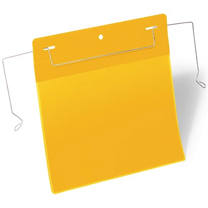 Durable Wire Hanger Ticket Holder Document Pocket, Landscape, A5, Yellow, Pack of 50