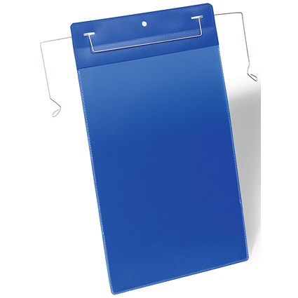 Durable Wire Hanger Ticket Holder Document Pocket, Portrait, A4, Blue, Pack of 50