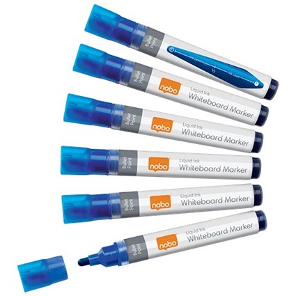 Nobo Liquid Ink Whiteboard Pens, Bullet Tip, Blue, Pack of 10