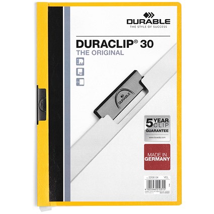 Durable A4 Duraclip Folders, 3mm Spine, Yellow, Pack of 25