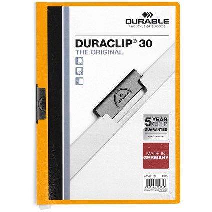 Durable A4 Duraclip Folders, 3mm Spine, Orange, Pack of 25