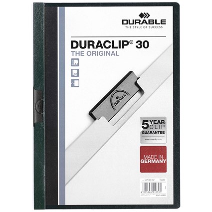 Durable A4 Duraclip Folders, 3mm Spine, Dark Green, Pack of 25