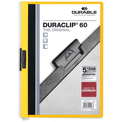 Durable A4 Duraclip Folders, 6mm Spine, Yellow, Pack of 25