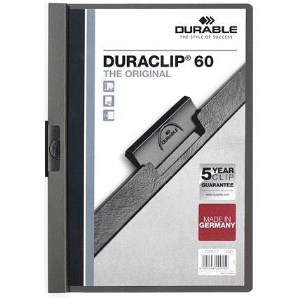 Durable A4 Duraclip Folders, 6mm Spine, Dark Grey, Pack of 25