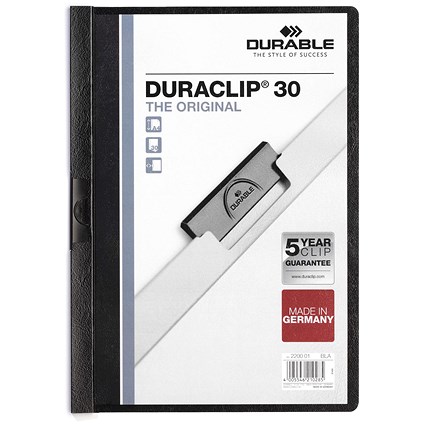 Durable A4 Duraclip Folders, 3mm Spine, Black, Pack of 5